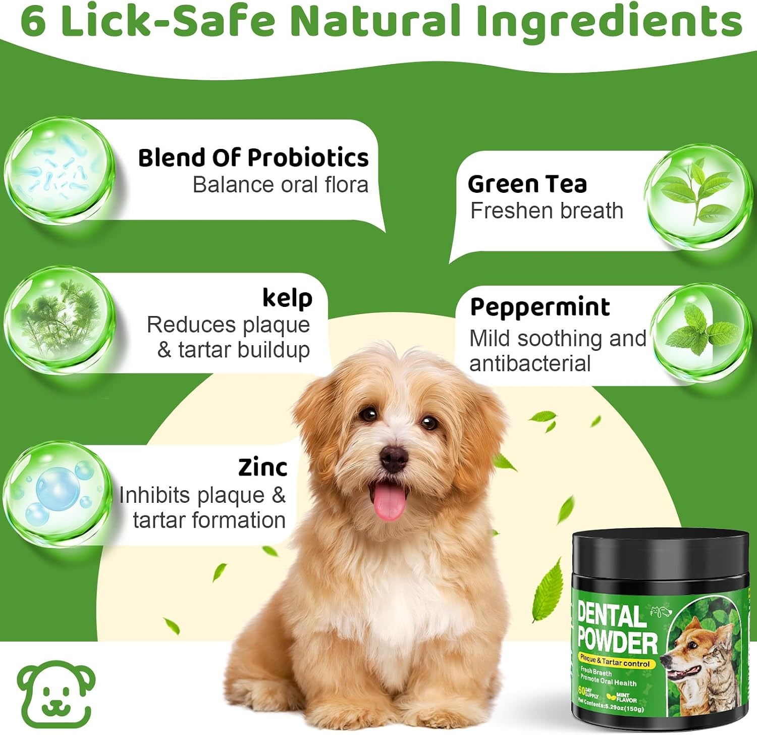 Dog Dental Powder, Dog Teeth Cleaning Powder and Cat Breath Freshener, Reduces Plaque & Bad Breath off Pet Dental Care Supplies Tartar Remover for Dogs & Cats(150G)